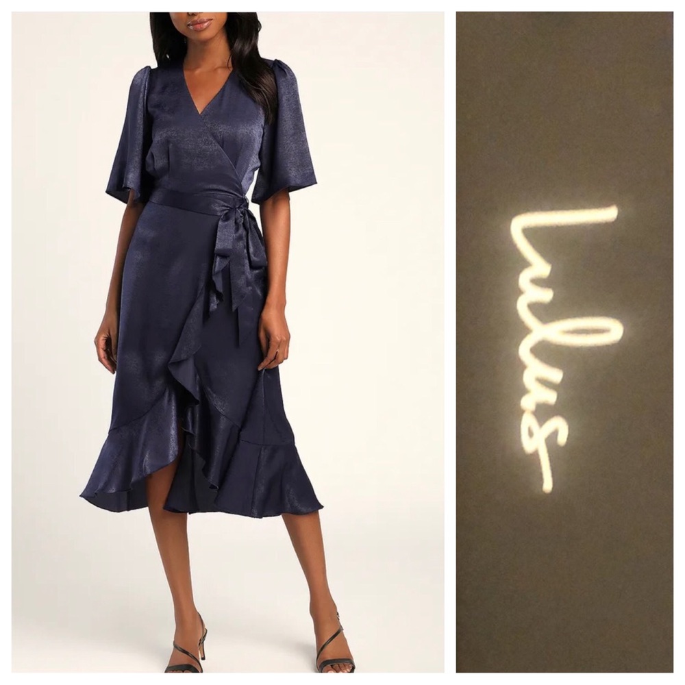 Lulus Navy Blue Satin Faux-Wrap Dress Sz L NEW WITH TAGS
